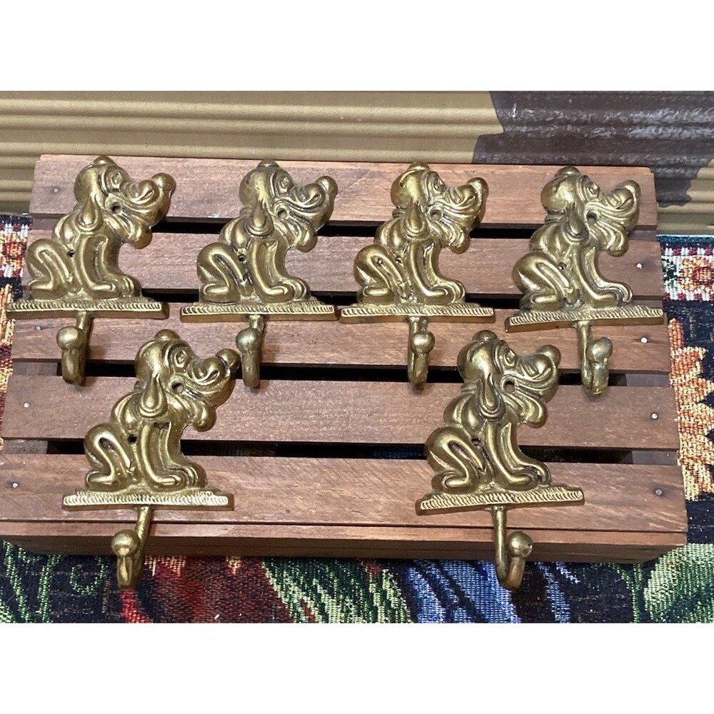 Vintage Brass Metal Pluto Wall Door Coat Hooks Dog Hound Shape Hangers Set of 6